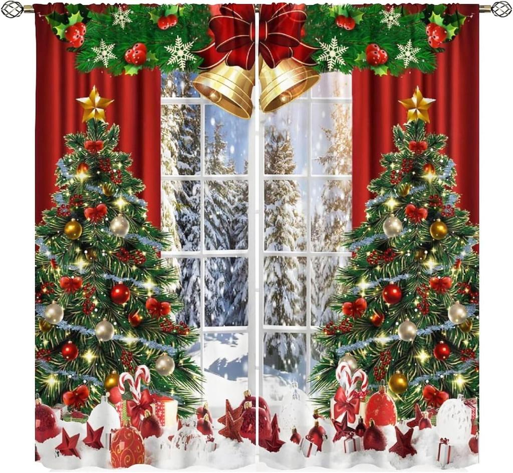 Christmas Curtains Red White Snowflakes Xmas Merry New Year Winter Holiday Party Decor Window Drapery Treatments Curtain Made Of Polyester