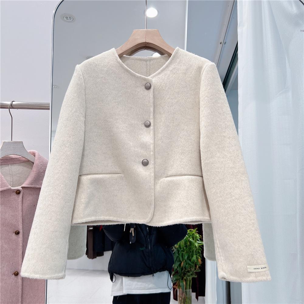 **2024 Noble Women's Short Double-Sided Cashmere Coat - Korean Style Wool Round Neck**