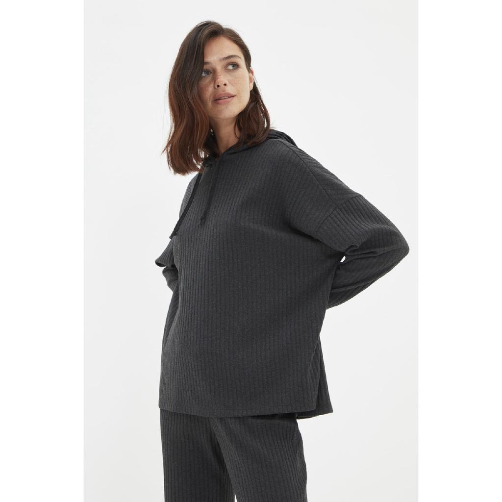 Anthracite Hooded Corded Knitted Pajama Set Thmaw22au0334