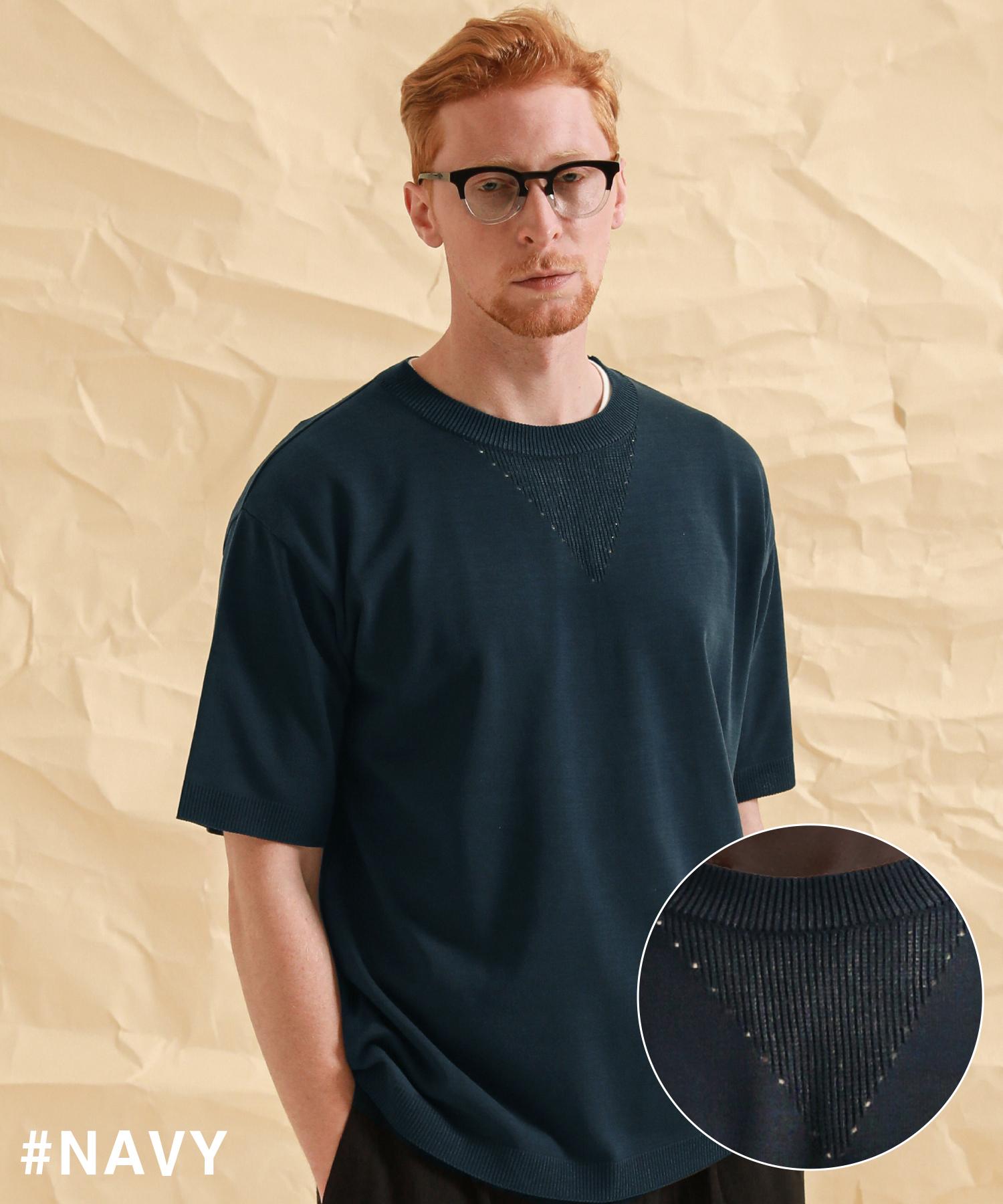 Stage Name Cool Soft Neck Punching Knit Short Sleeve Tee_Navy No. 1