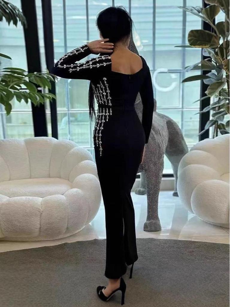 2025 Diamond-Studded Bandage Evening Dress – Sexy Long-Sleeved European & American Style
