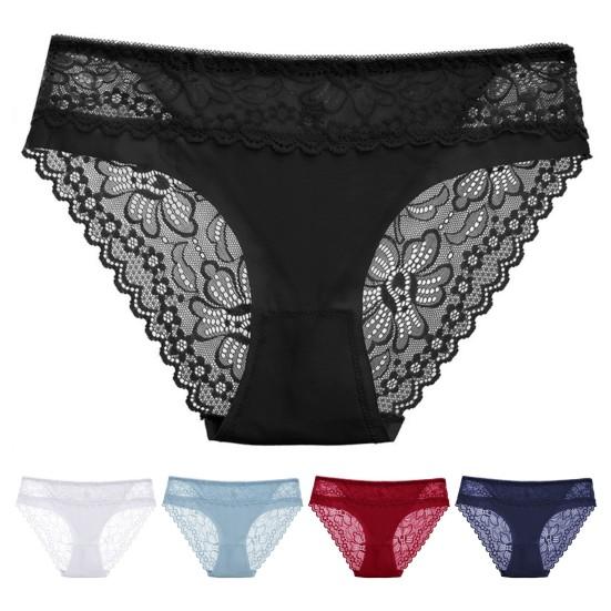 Women Panties See-through Hollow Out Lace Seamless Solid Color Mid Waist