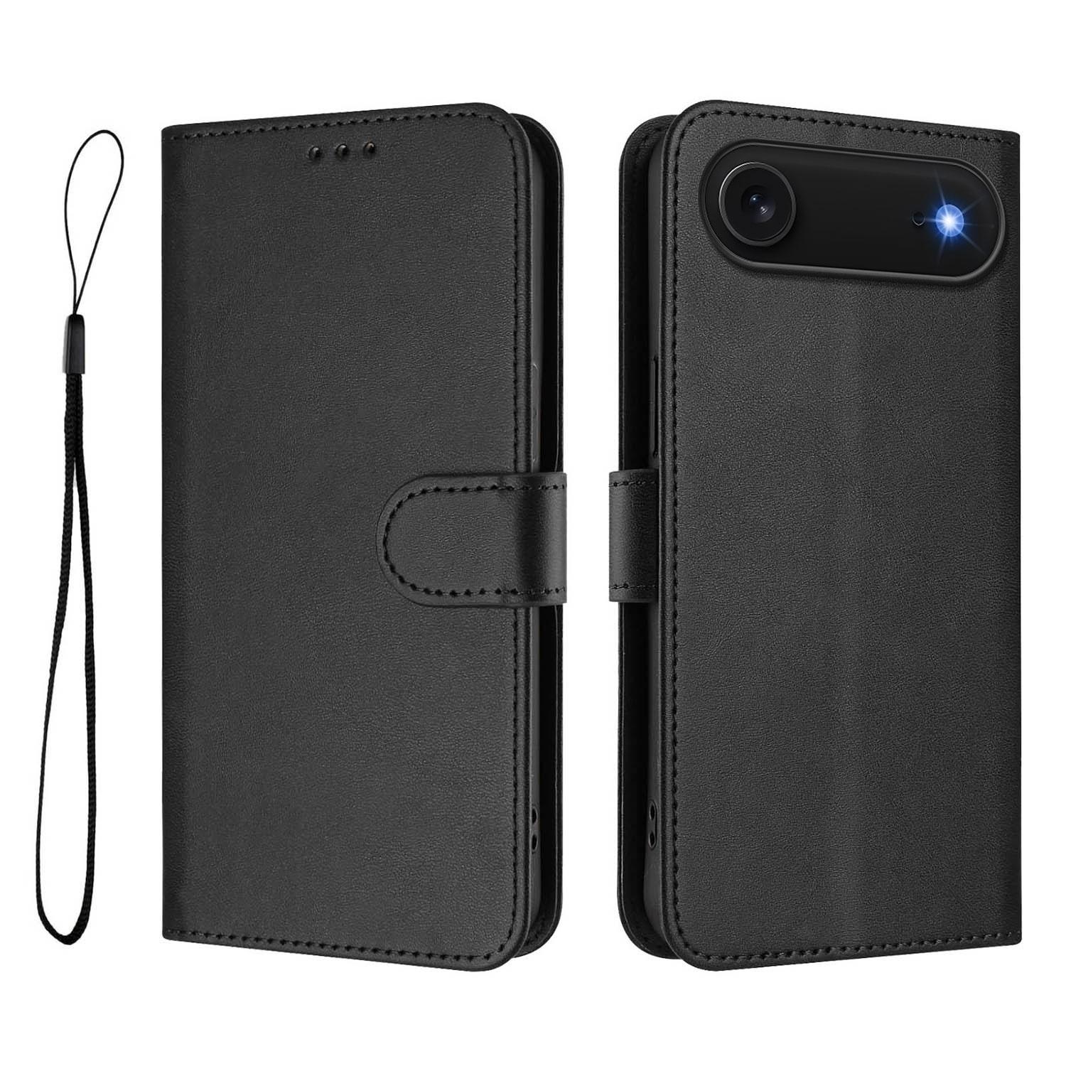 

For iPhone 17 Air Wallet Case RFID Blocking Calf Texture Leather Stand Phone Cover with Strap Black