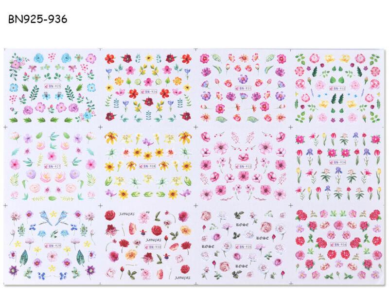 12 vzorů Kvetoucí květiny Nail Art Water Transfer Samolepky Obtisky Dekorace