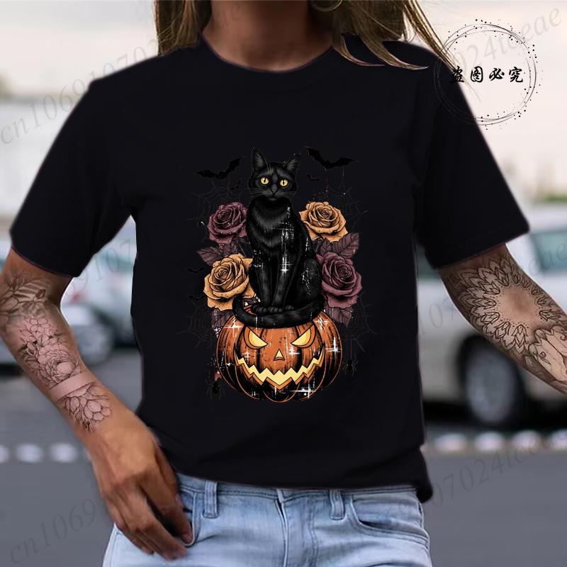 Halloween Skull Bow Pumpkin Shirt Funny Retro Black Cat Tee TShirts Spooky Season Graphic T Shirt for Unisex Short Sleeve Tops