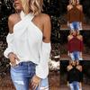 Women Solid Color Long Sleeve Sexy Halter Off Shoulder Back Zipper Blouse Top