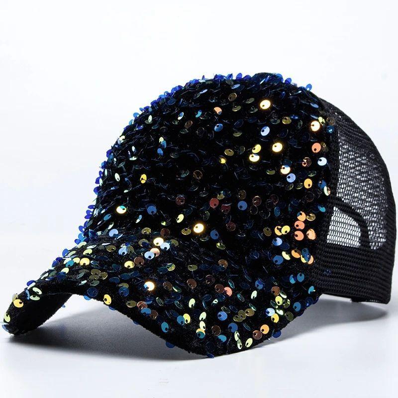 Polyester Sun Protection Baseball Cap With Shimmering Sequins For Outdoor Summer Activities