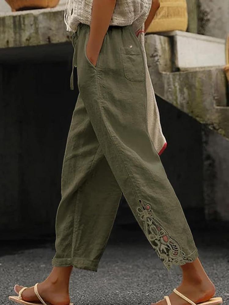 White Casual Pants for Women Loose Fit Elastic Waist Breathable Summer Trousers with Side Cutout Design Multiple Colors