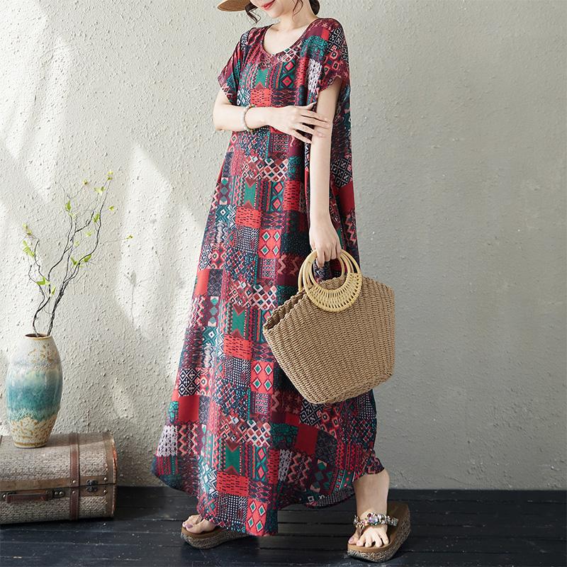 DIMANAF Neues 2026 Damen Übergröße Sommer Strand Dame Langes Kleid Locker Übergröße Maxi Blumendruck Vintage Sommerkleid Kleidung