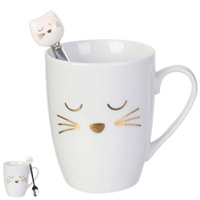 [R2423] - White Porcelain Mug 'Cats' (with Spoon) - 30 Cl