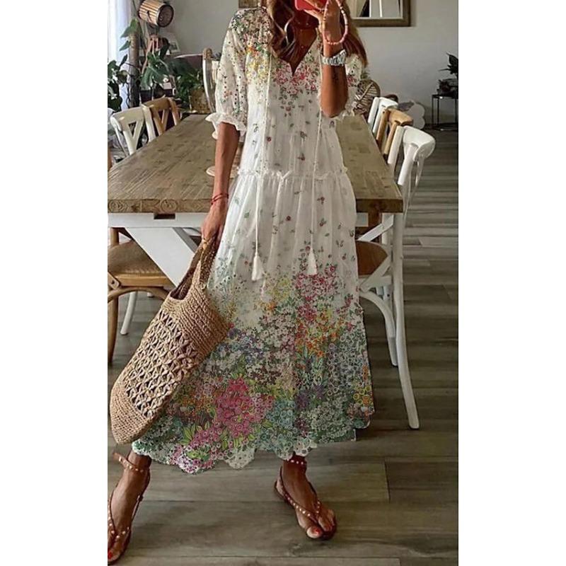 Fashion Short Sleeve Loose V-neck Printed Long Dress Casual Sweet High Waist Spring Summer Elegant Holiday A-line Dresses Female Simple Woman Clothing