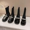 Fashion pearl flower buckle boots women thick high heels winter botas shoes japanned leather & knitting patchwork ankle botines female
