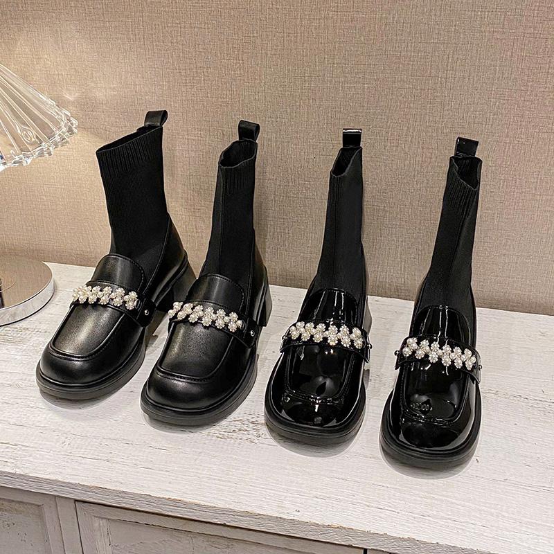 Fashion pearl flower buckle boots women thick high heels winter botas shoes japanned leather & knitting patchwork ankle botines female