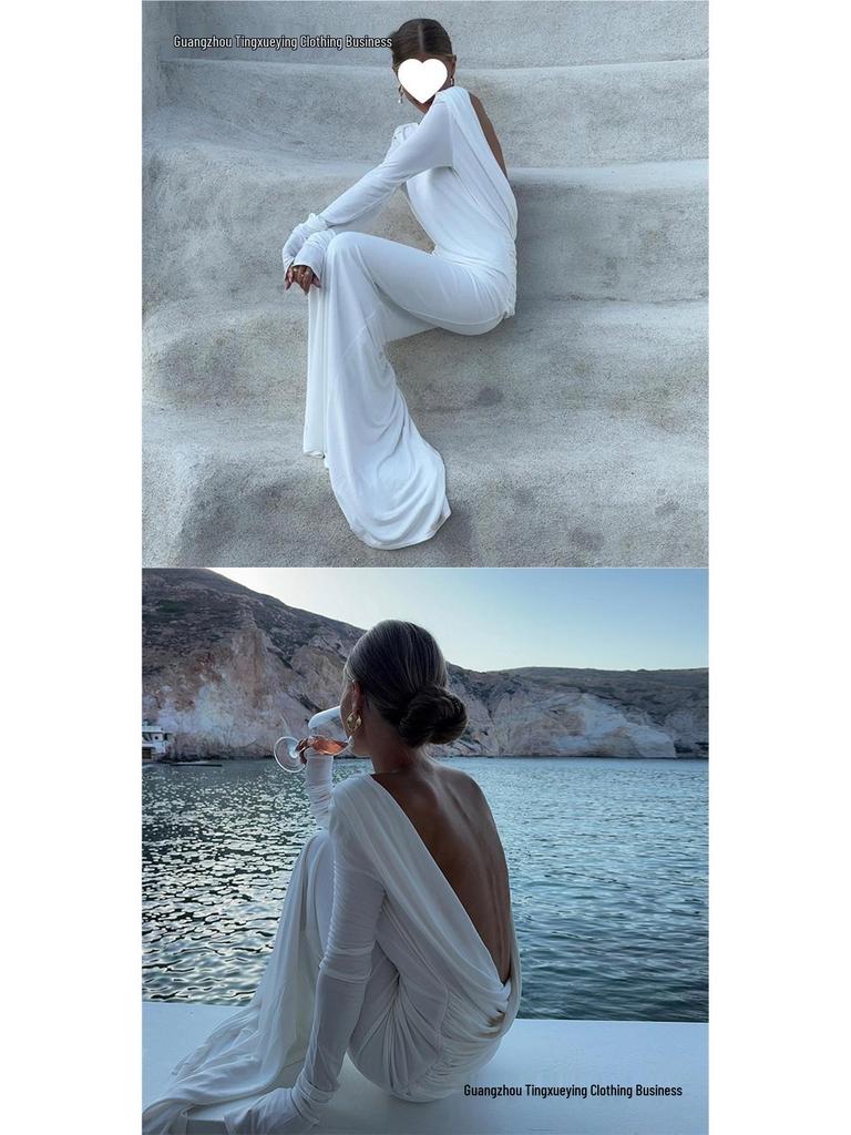 Elegant European & American Women's Backless Long Sleeve Evening Gown - Autumn/Winter Collection