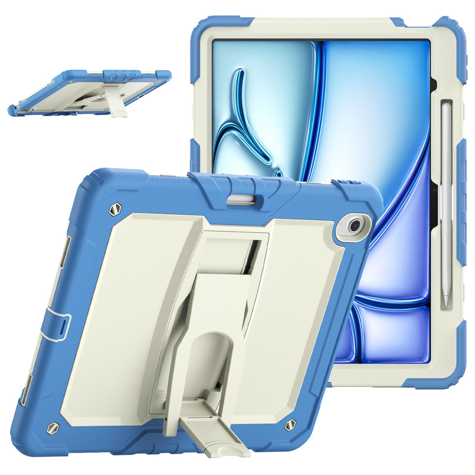 

For iPad Air 13 (2025)/(2024) Case PC+Silicone Kickstand Pen Slot Tablet Cover with Shoulder Strap Beige+Blue