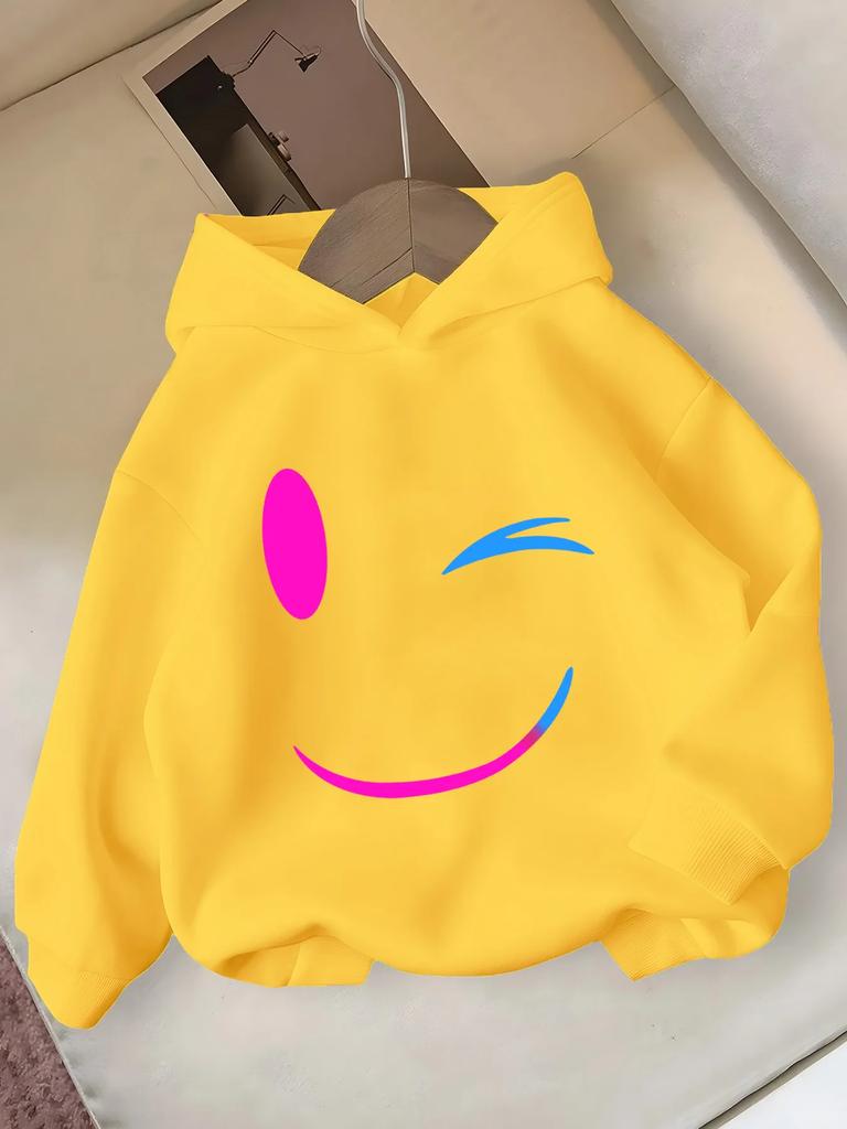 2026 Boys' and Girls' Warm Hoodie with Heart and Smiley Face Cartoon 2D Style, Autumn and Winter Warm and Stylish Top Black