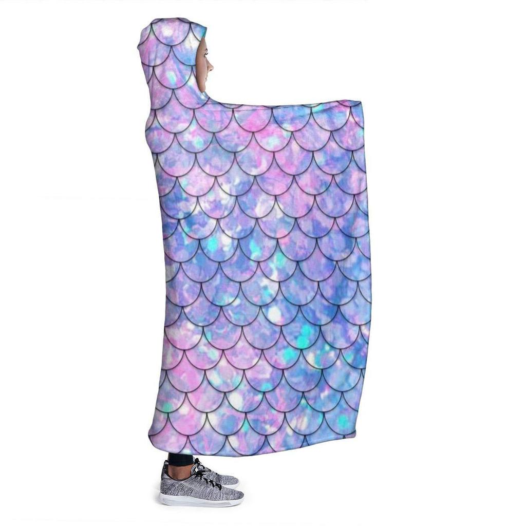 Mermaid Fish Scale Flash Flannel Thermal Hooded Blanket Home Outdoor Office Essential Blanket