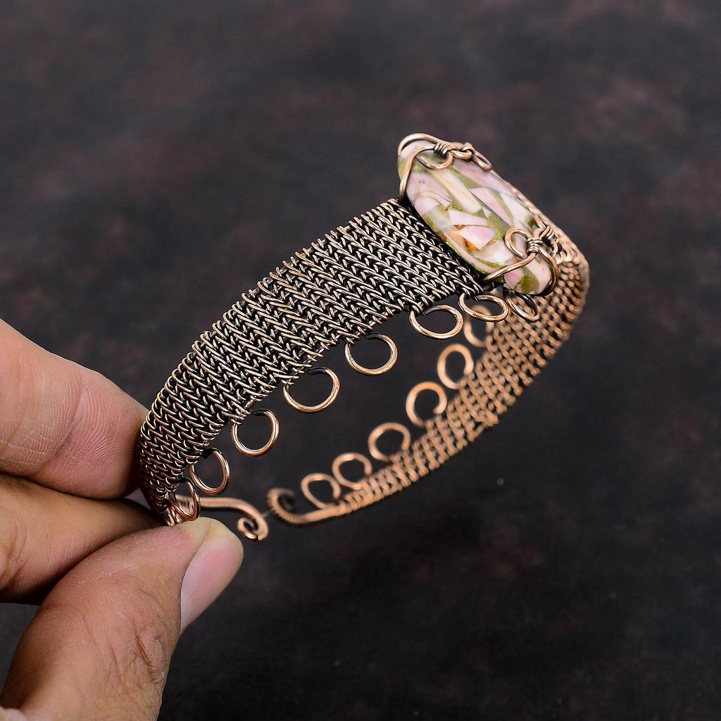 Copper Pink Opal Bangle Copper Wire Wrapped Jewelry Gemstone Cuff Bracelet Adjustable Bangle Wire Wrap Bangle Gift For Mom Handmade Bracelet