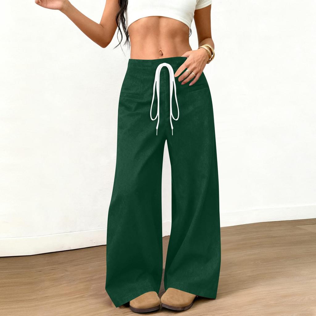 Womens Suede Wide Leg Pants Elastic Waist Loose Fit Trousers Drawstring Waistband with Pockets Casual Style Long Pants