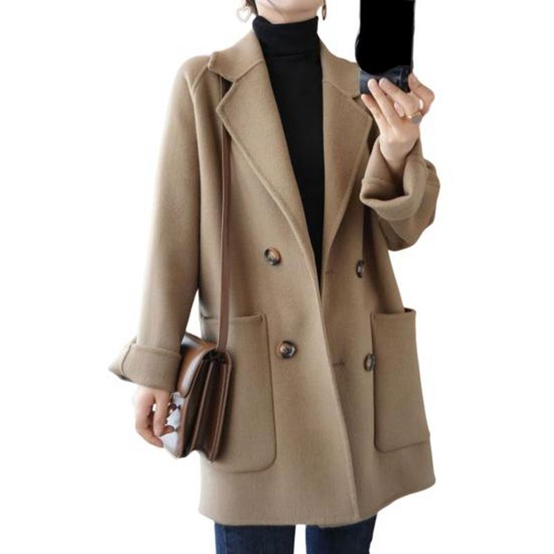 Women Winter Coat Solid Color Loose Double-breasted Turn-down Collar Side Pockets Cold-proof Cardigan Plus Size Thicken Autumn Overcoat Women Garment