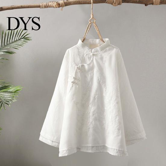 Lady Fall Spring Top Women Retro Chinese Style Embroidered Flower Pattern Knot Button Solid Color Keep Warm Loose Stand Collar Plus Size Vintage
