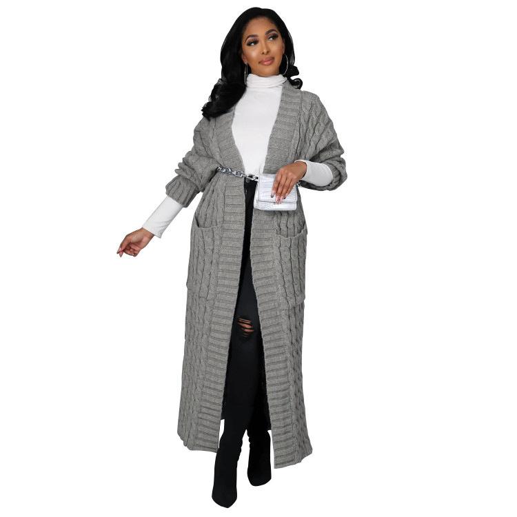 

Новый осенне-зимний свободный вязаный кардиган в непринужденном стиле, с большими карманами и длинное вязаное пальто с косами для женщин 5XL серый