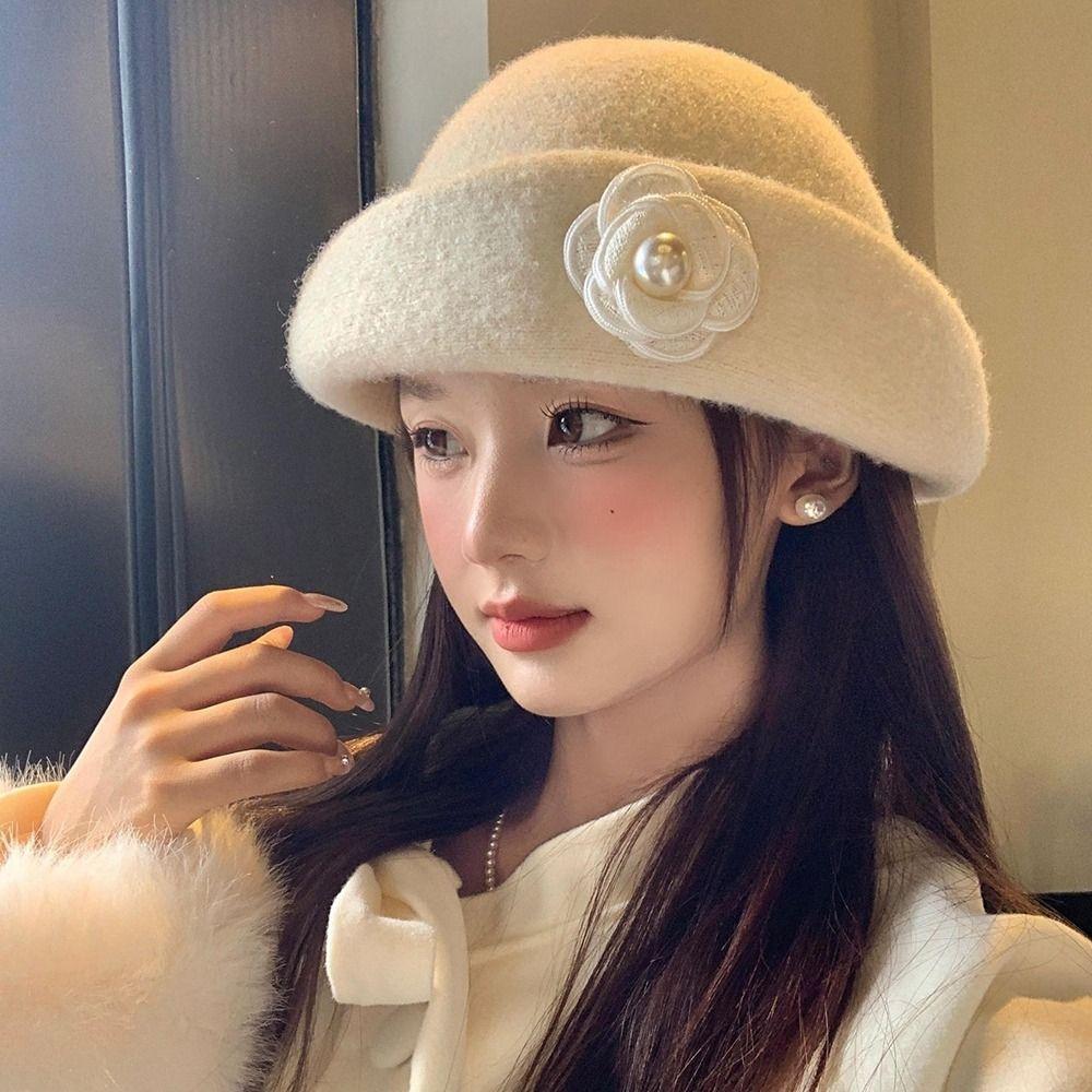 Camellia Flower Woolen Bucket Hat Pearl Wool Fisherman Hat Retro Basin Hat  Winter