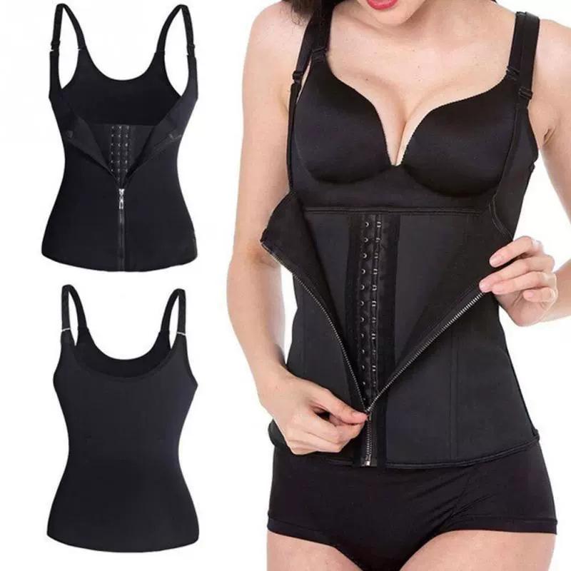 Three-Row Hook Zipper Bodysuit with Tummy Control Belt, Waist Cincher, and Bust Support for Women's Slimming and Sweat-Inducing Shaping.