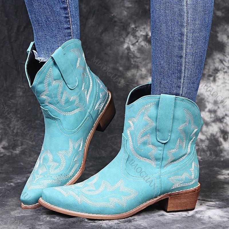 Fashion Spring Autumn New Women's Shoes Large Size Embroidery Pointed Toe Ankle Boots for Women Retro Thick Middle Heel Short Botines