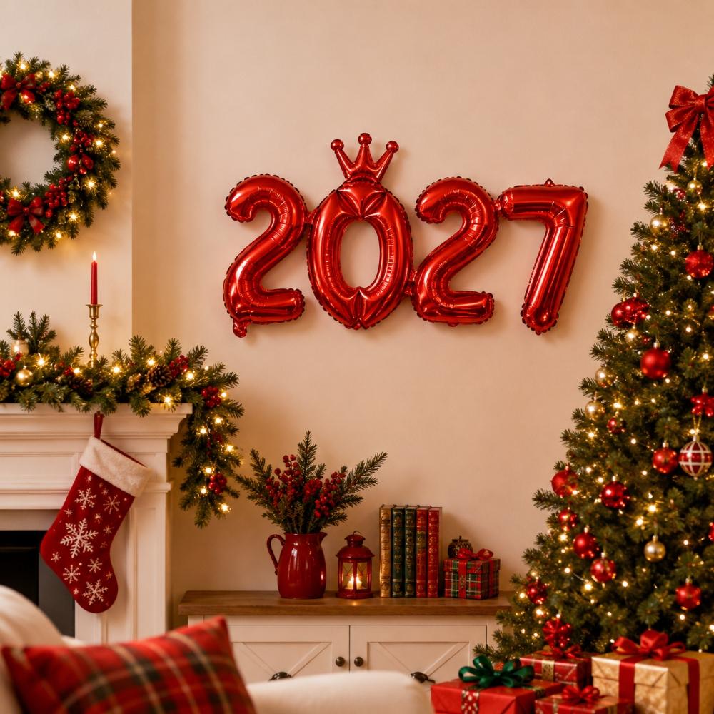 2027 Aluminiumfolien-Zahlenballon verbunden Neue-Jahr-Dekoration, Krone/Basis-Stil für Weihnachtsfeier Foto-Hintergrund