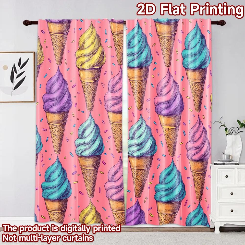 2D flat printing 2pcs Curtain Party Curtain Colorful Ice Cream Cones Digital Printed Polyester Drapes Family Party Decoration