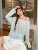 Blue Round Neck Cool Thin Slightly Transparent Blouse Women's Summer Loose Pleated Design Large Version Lazy 
