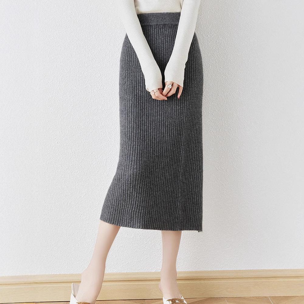 Women's 100% Wool Elastic High-Waist Knitted Midi Skirt with Back Slit