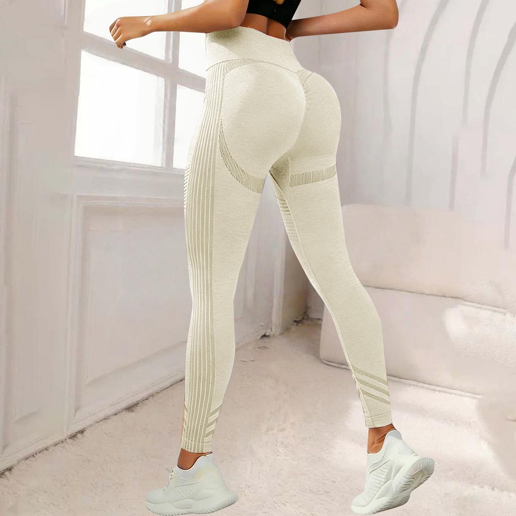 High Waist Seamless Yoga Leggings for Women Elastic Sports Workout Tights with Lines for Outdoor Running Fitness