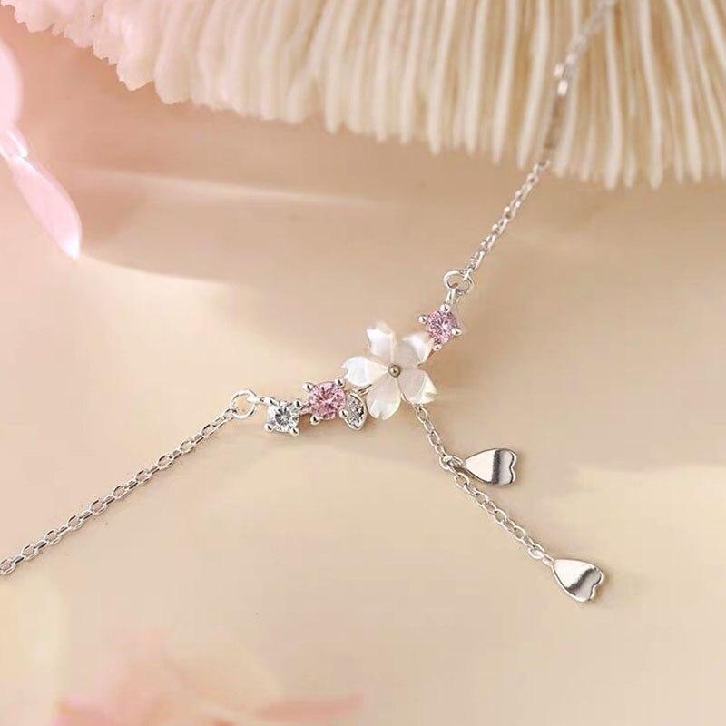 925 Sterling Silver Tassel Shell Cherry Blossom Charm Necklace Earrings Rings For Women Party Jewelry Set Pendientes A020