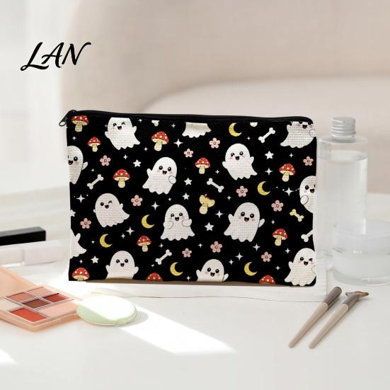 Durable Data Cable Organizer Cosmetic Bag, Halloween Pattern Print Makeup Canvas Cute Storage Bag Zipper Pouch, for Change Washable Pencil Case