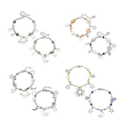 1 Pair Friendship Bracelet Beaded Bracelet Moon Sun Jewelry Alloy Texture Adjustable Beaded Bracelet for Daily and Party