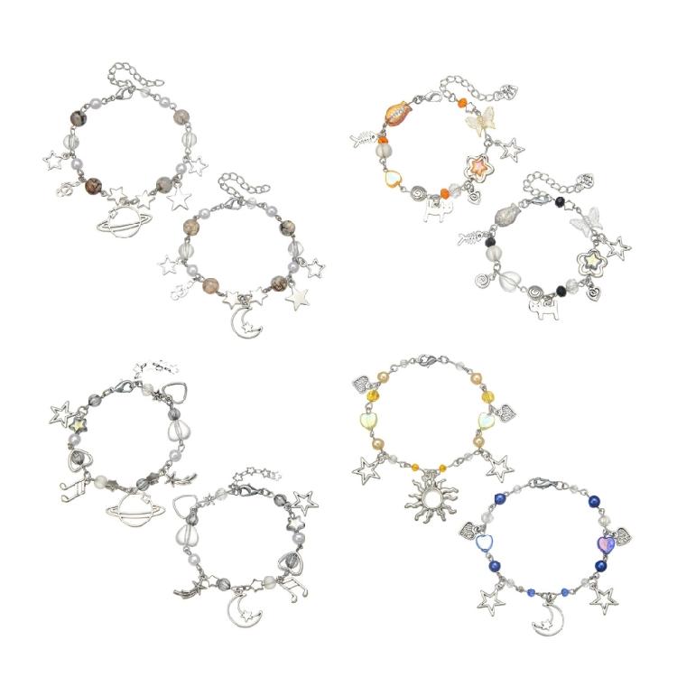 1 Pair Friendship Bracelet Beaded Bracelet Moon Sun Jewelry Alloy Texture Adjustable Beaded Bracelet for Daily and Party