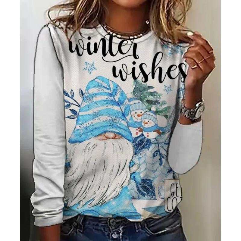 Fashion Women's Crew Neck Long Sleeve 3D Casual Color Printing Casual Long Sleeve Crew Neck T-Shirt