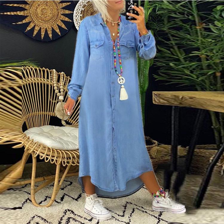 2023 European & American Fashion Denim Long Skirt with Shirt Collar