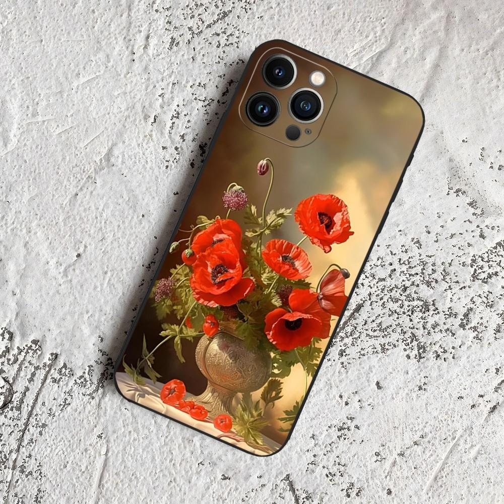 Poppy Flower Bloom Phone Case for Iphone 15 14 13 12 11 Pro Max Xr X Xs Mini 8 Plus SE 2022 Black Soft Silicone Cover