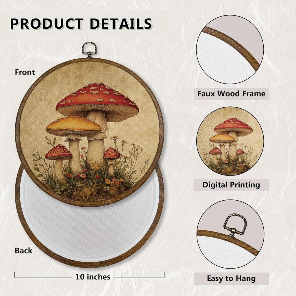 Qskjre Vintage Mushroom Wall Art Decor, Cottagecore Rustic Mushroom Floral Round Wood Framed Canvas Picture Wall Art, Fall Botanical Hanging Prints