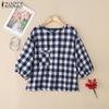 ZANZEA Women Loose Round Neck 3/4 Sleeve Casual Grid Print Blouse