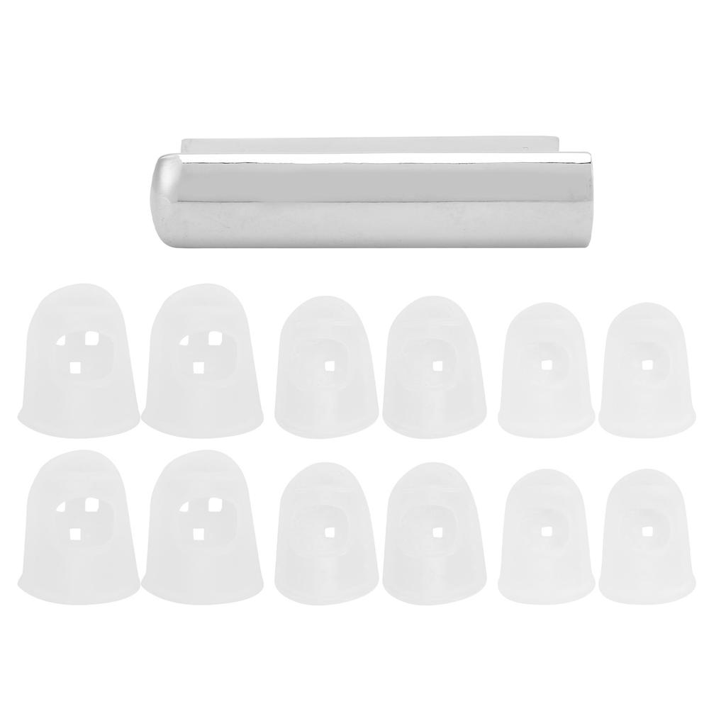 Guitar Sliding Bar Zinc Alloy Grooves Round Tip with 12 Silicone Finger Protectors for Ukulele