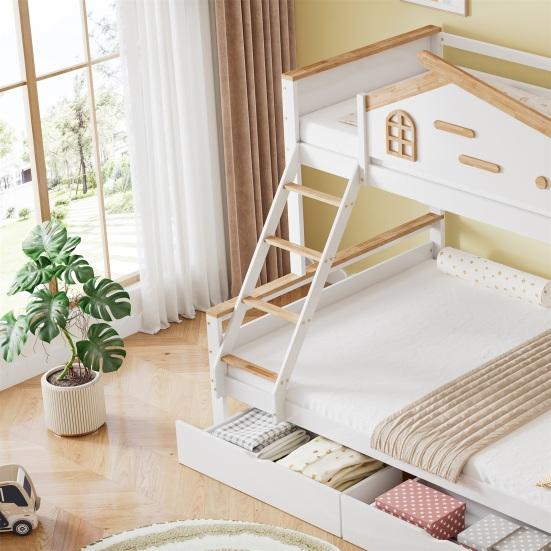 Double Layer Bed Bunk Bed Children with Color-Contrasting Safety Rail Two Drawers Mother Child Window Four-Step Inclined Ladder And Open