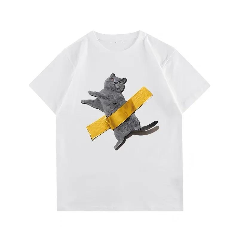2026 Summer Funny Cat Print Tshirt Street Everyday Casual Humorous Short Sleeve Clothing for Unisex Women Cat Lover Clothing Top