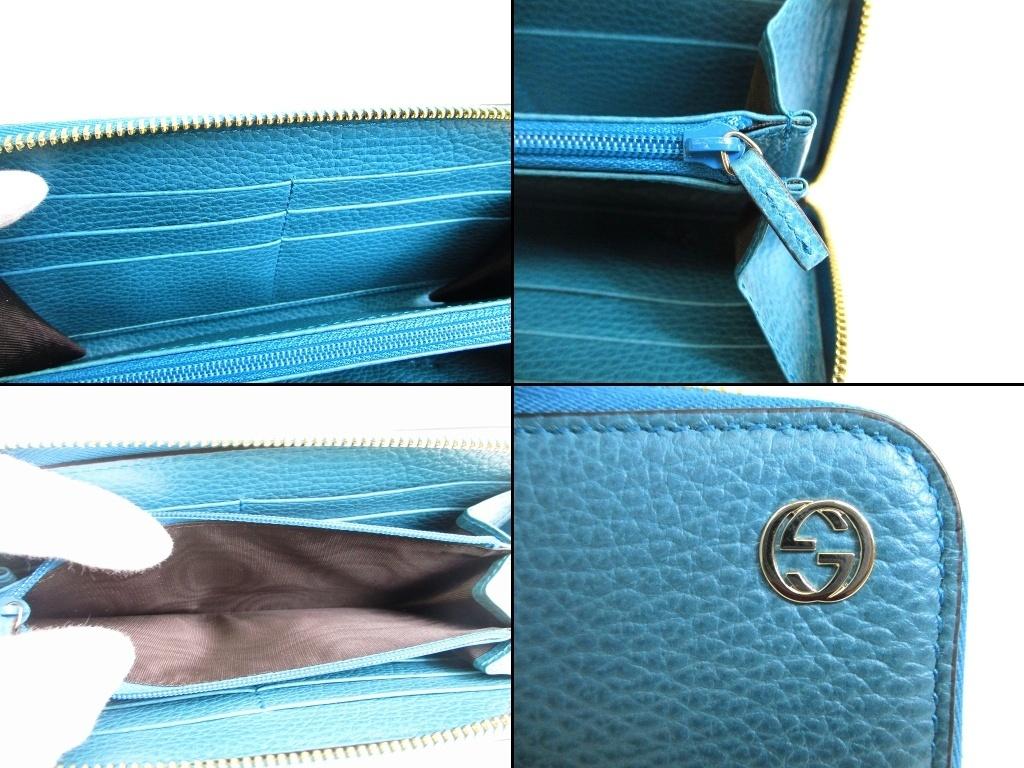 Authentic GUCCI Interlocking G Gold H/W Turquoise Blue Leather Round Zip Wallet #b271  Open box