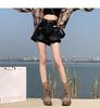 2026 New Women's Black High-Waisted A-Line Denim Shorts with Spicy Style and Rolled Hem