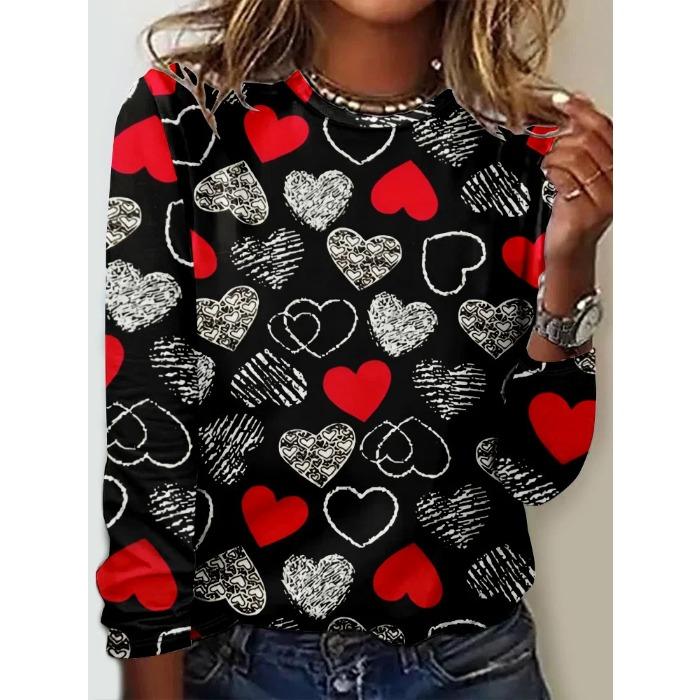 Rundhals 3D-bedrucktes Liebesmuster Top Modische Lässige Langarm Damen T-Shirts