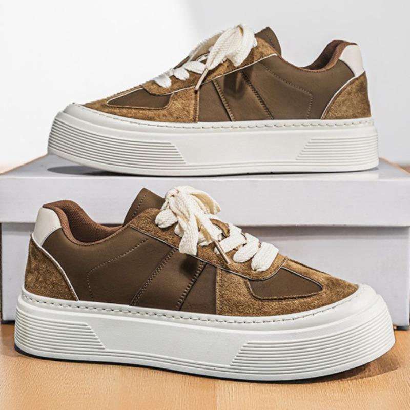 Men Leather German Trainers, Platform Height Increasing Chunky Sole Casual Skate Board Shoes